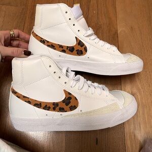 Nike White and Brown Leopard Print High-Top Sneakers